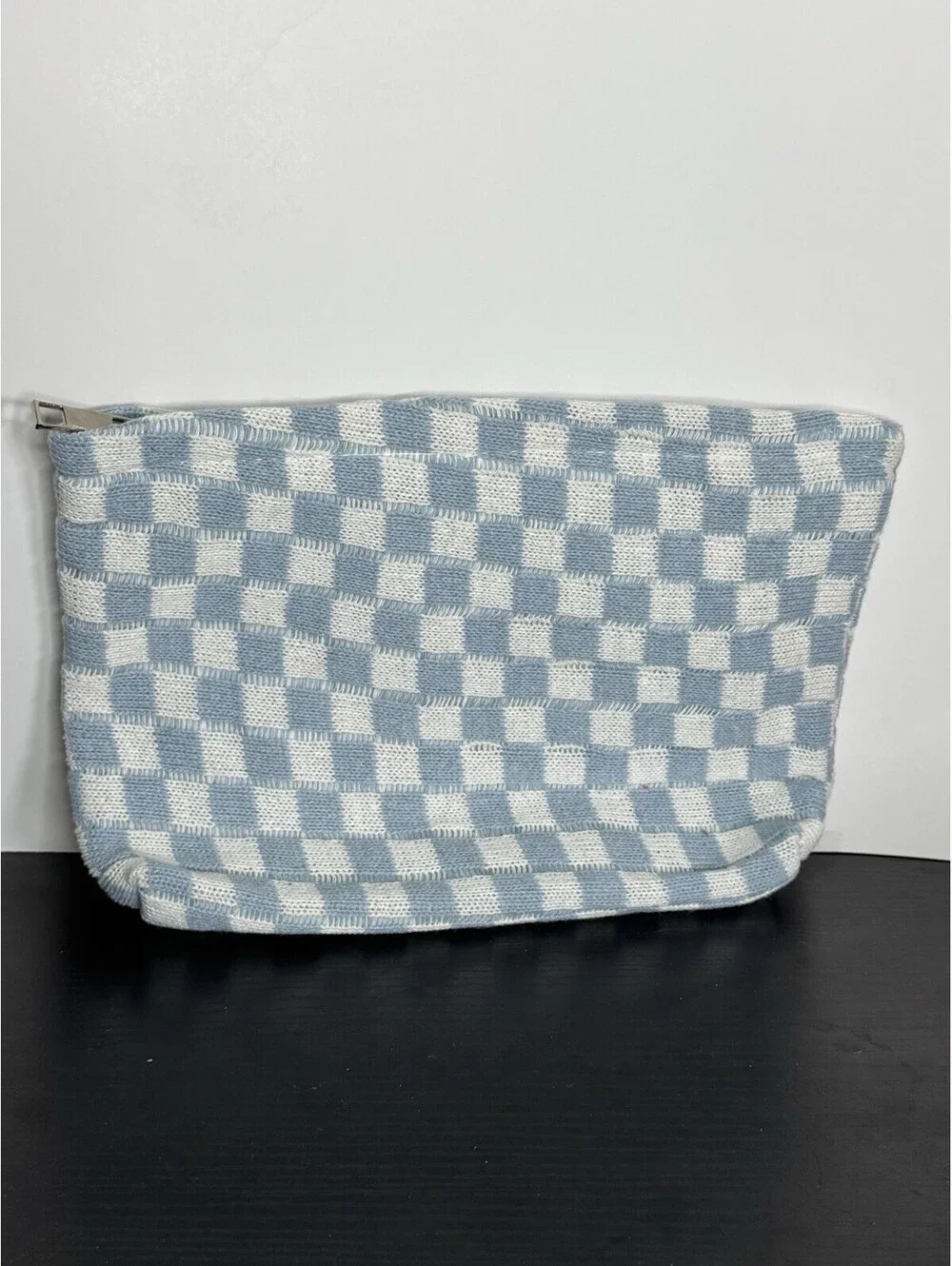 Light Blue & White Checkered Zipper Makeup Bag NEW